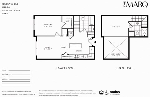 A floor plan for a residence at The Marq shows a living room, dining room, kitchen, and bedrooms.